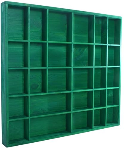 WooDeeDoo Wooden 28 Compartments Display Trinkets Shelf - Hand-Stained - Green - Matt - Multi Sections Wall Keepsakes Rack Thimble Minifigurines Decorative Cabinet - 45 x 40 x 3.5 cm