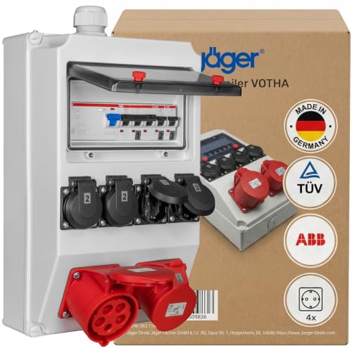 JÄGER Wandverteiler, Verteilerkasten Aufputz, Starkstrom Verteiler, Baustromverteiler, fertig Verdrahtet mit ABB FI & LS, 2x CEE 16A / 32A 400V, 4x Steckdose 16A 230V, VOTHA Wolfsburg, Made in Germany