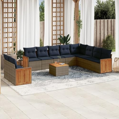Tonture 11-teiliges Gartensofa-Set, Grau Polyrattan Outdoor-Möbel mit Kissen, Eckbank, Armlehnensofa und Tisch, UV-beständig, pflegeleicht