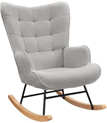 ADWOLT Schaukelstuhl, Schaukelsessel Stillsessel, Relaxstuhl Gepolsterter Sessel Wohnzimmersessel Lesesessel mit Holzkufen, Armlehne für Wohnzimmer Schlafzimmer Babyzimmer,Hellgrau