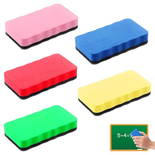 5 Pcs Magnetic Whiteboard Erasers - Colorful Dry Wipe Board Cleaners with Thick Felt Pad - Lightweight Magnetic Erasers for Home, Office & School Classroom - 5 Assorted Colours