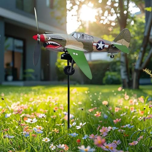 Generisch Flugzeug-Windspiel Aus Metall - Wetterfest & Rostfrei | Haifischmaul Garten Windspiel Mit Rotierendem 3D-Propeller | Dekoration Für Terrasse, Rasen & Hof