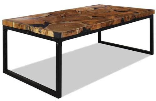 Owoxanthellate Couchtisch Teak Harz 110x60x40 cm - Designer Wohnzimmertisch aus Massivholz mit schwarzem Epoxidharz - Rustikaler Beistelltisch und Ablagetisch mit robustem Stahlgestell