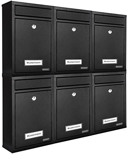 MONZANA® 6X Briefkasten Schwarz inkl. 2 Schlüssel Namensschild abschließbar Mailbox Briefkastenanlage Postkasten Stahl