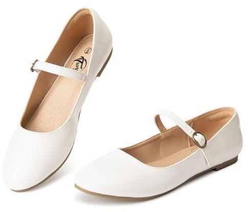 Trary Damen Mary Jane Runde Zehenriemen Ballettschuhe Flache Schuhe, (Farbe: Weiß), 38 EU