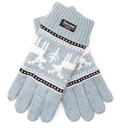 EEM Damen Strick Handschuhe X-Mas aus Baumwolle mit Thinsulate Thermofutter aus Polyester hellblau Hirsch L/XL
