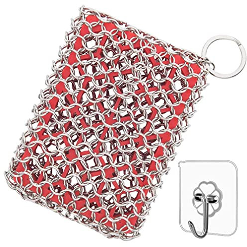 Gusseisen- und Edelstahlreiniger, Kettennetz-Schrubber mit Silikoneinsatz für Gusseisenpfannen und Kochgeschirr, spülmaschinenfest, Küchenwerkzeug (rot)