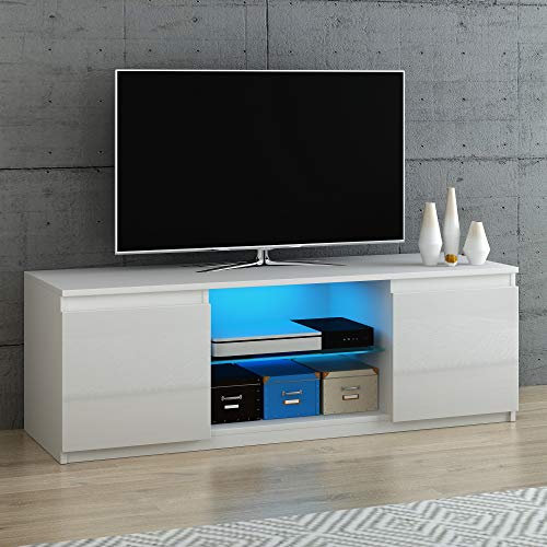 Panana Modern TV Unit Cabinet Stand Sideboard High Gloss Doors with LED Lights Glass Shelf,120cm*40cm*40cm (White, With LED)