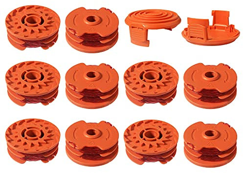 Bobine di ricambio per tagliabordi, compatibili con Worx WA0007 WG116 WG119, bobine di ricambio per bobine di ricambio autoalimentati 0,6 x 4,9 m 0,2 cm, 50019417 (10 bobine, 2 tappi)