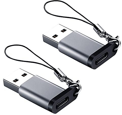 Seminer USB C Buchse auf USB A Stecker Adapter (2 Stück) mit Lanyard, USB Typ-C auf USB A 3.0 Adapter Kompatibel mit MacBook Pro 2020, Samsung Notebook, Laptop, PC, Grau