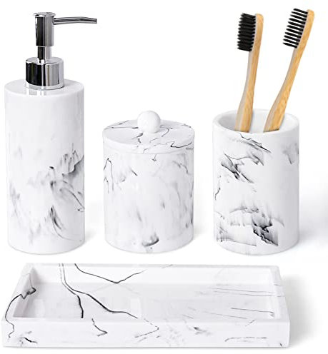 Badezimmer-Zubehör-Set, 4-teiliges Badezimmer-Zubehör-Set in Marmor-Optik, komplett mit Seifenspender, Zahnbürstenhalter, Apotheker-Glas, Moderne Badezimmerdekoration, Waschtisch-Arbeitsplatte