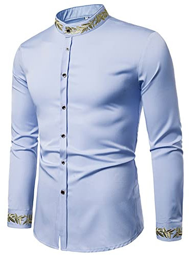 SSBZYES Chemises pour Hommes à Col Montant De Couleur Unie Manches Longues Brodées La Mode Motif Broderie Henley Tops Décontractés, Light Blue, M