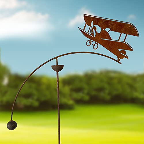GAP GARDEN PRODUCTS - Solid Metal Rustic finish Garden Wind Spinner/Rocker with a Tiger Moth design on a Single arm (Bare metal and will rust natuarally)