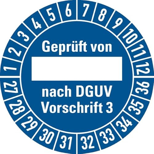 Dreifke® Aufkleber Prüfplakette, Geprüft von_____ nach DGUV Vorschrift 3, blau/weiß, Ø 30mm - Bogen = 10 Plaketten Dokumentenfolie selbstklebend Blau AufdruckWeiß 3