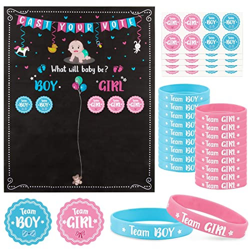 COLOFALLA Gender Reveal Party Deko Geschlecht Verkünden 1 STK Abstimmung Poster 40 Pcs Stickers 20 Pcs Team Girl or Boy Armbänder Spiele Mitgebsel für Enthüllung Party Baby Shower Babyparty