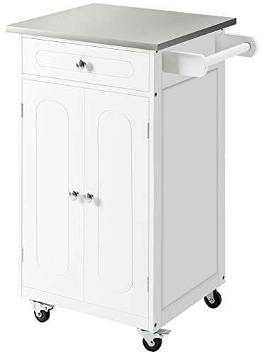 HOMCOM Chariot de Service desserte de Cuisine à roulettes Multi-rangements 1 tiroir Placard 2 Portes avec étagère Porte-torchons MDF Blanc Acier Inoxydable
