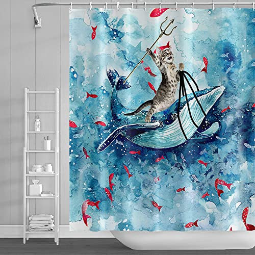 SDOTPMT 105x160cm Drôle Chat Rideau de Douche Mignon Chat Baleine Océan Vague Rideau de Bain Dessin animé Rouge Poisson Bleu Rideau de Baignoire Tissu Étanche pour Salle de Bain avec Crochets