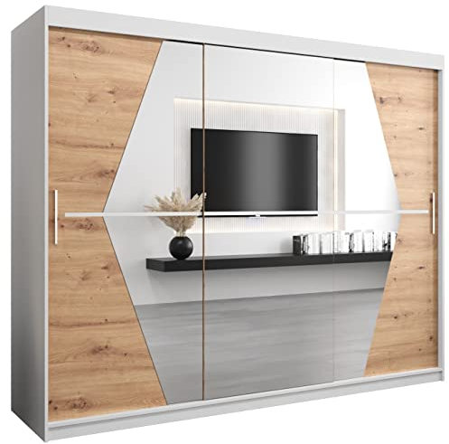 KRYSPOL Schwebetürenschrank Boliwia 250 cm mit Spiegel Kleiderschrank mit Kleiderstange und Einlegeboden Schlafzimmer- Wohnzimmerschrank Schiebetüren Modern Design (Weiß + Artisan Eiche)