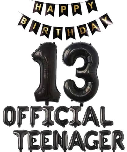 Offizielle Teenager 13. Geburtstag Dekorationen Mädchen Jungen, Happy Birthday Banner Nummer 13 Geburtstags Folien Ballons Offizielle Teenager Ballons für 13 Jahr Geburtstags Deko (Schwarz)