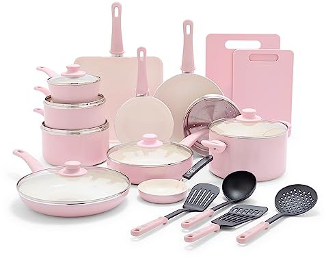 GreenLife Soft Grip - Juego de 23 ollas y sartenes antiadherentes de cerámica saludable con utensilios de cocina, sin PFAS, aptos para lavavajillas, color rosa