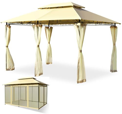 RELAX4LIFE Gazebo con Zanzariera, Telone Rivestito Impermeabile con Air Vent, Pareti in Tessuto a Rete con Chiusura a Cerniera, Telaio in Ferro Verniciato e Fissaggio Stabile(beige)