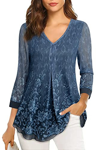 Gaharu Blau Elegant Festlich Tunika 3/4 Arm Shirt Damen V-Ausschnitt Longform Elasthan Glamour Oberteil Wasserfall Wunderschöne Trendy Lange