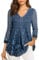 Gaharu Blau Elegant Festlich Tunika 3/4 Arm Shirt Damen V-Ausschnitt Longform Elasthan Glamour Oberteil Wasserfall Wunderschöne Trendy Lange