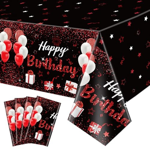 4 Pack schwarz und rot Alles Gute zum Geburtstag Tischtücher, 220x130cm Rechteck Geburtstag Party Tischdecken für Frauen Mädchen Geburtstag Party Dekorationen Zubehör