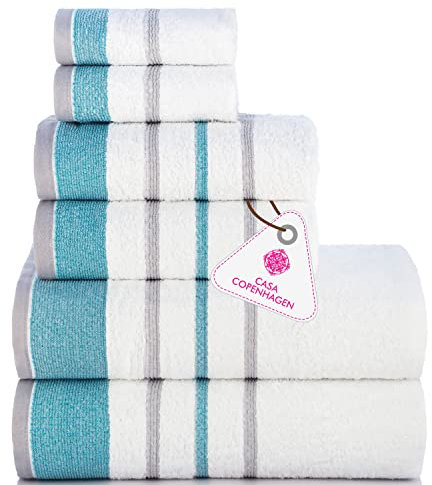 Casa Copenhagen White Bay-Handtuch aus 600 g/m² ägyptischer Baumwolle für Hotel, Spa, Küche und Bad, 6-teiliges Set mit 2 Bädern, 2 Händen, 2 Waschlappen – Weiß mit blaugrünem und grauem Rand