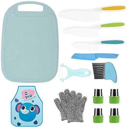 TDDL Juego De 14 Piezas Juego de Cuchillos de Cocina para Niños Cuchillos Niños Aprendizaje Cuchillos de Seguridad para la Cocina, Incluidos Cuchillos de Madera,Peladores, Delantales, Tablas de Cortar