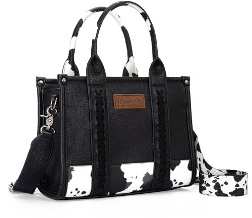 Montana West Wrangler Tragetasche für Damen, Kuh-Druck, Geldbörse, Tragegriff oben, Vintage-Stil, Black-Guitar Strap M, Medium