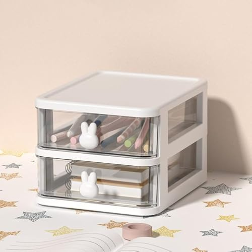 Drawers Desktop Storage Unit with Drawers Stationary Arts Drawer Tabletop Organiser with Cute Rabbit Handle Desktop Storage Tower Unit for Office Bedroom Garage (White,2 Layer)