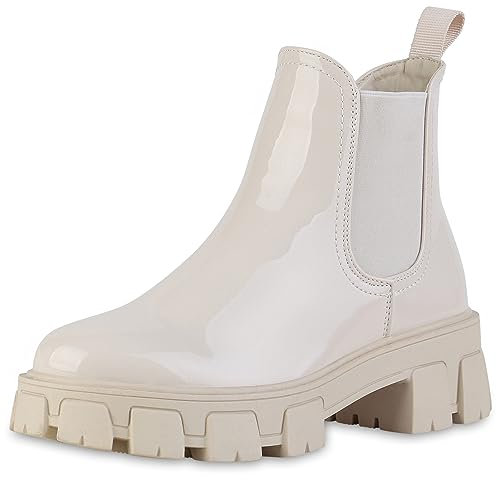 VAN HILL Damen Plateau Boots Blockabsatz Lack Trendy Schuhe 836326 213240 Beige Lack 40