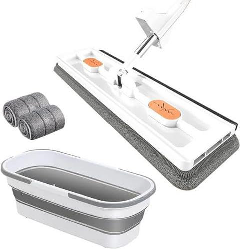 flachmopp Set mit Eimer - großer flachmop wischmopp mit auswringfunktion - großer flachmopp Eimer - 360 Grad drehbar - mit 2 waschbaren Mikrofaser-Pads