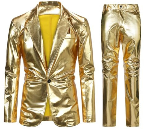 Allthemen Mens Shiny 2 Piece Suits Slim Fit 1 Button Tuxedo Suits Casual Jacket Trousers for Wedding Party Gold L