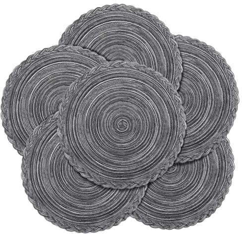 fanquare Modern Grey Placemats Set of 6, 38 cm Round Cotton Woven Stain Heat Resistant Placemats, Non Slip Washable Table Mat for Kitchen Dinner Table