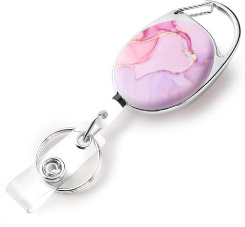 Jeffdad Enrouleurs de badges rétractables, double face avec motif imprimé en couleur, porte-badge et porte-clés en corde en nylon durable (marbre rose)