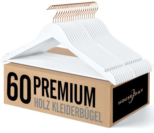HOUSE DAY Kleiderbügel Holz, 60er Holzkleiderbügel, Kleiderbügel weiß für Anzüge, 360° drehbarer Haken in Roségold, rutschfest, Einkerbungen im Schulterbereich
