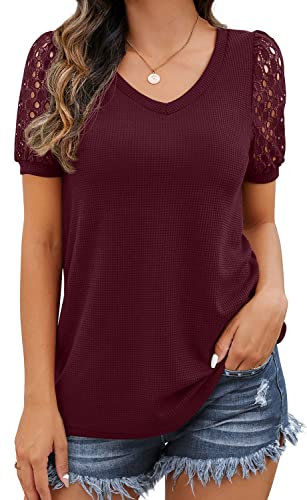 IWOLLENCE Short Sleeve Tops for Women UK Going Out Womens Blouses V-Neck Ladies Dressy Lace Sleeve T Shirts (Wine Red, Large)