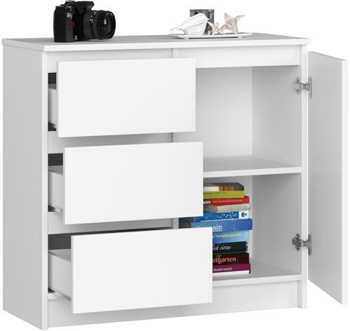 BDW - Commode avec 3 Tiroirs et 1 Porte - 80cm de Large, 77cm de Haut - Meuble, Buffet, Multi-Usages, Meuble À Chaussures, Commode, Classeur - Salon, Chambre, Couloir - Blanc
