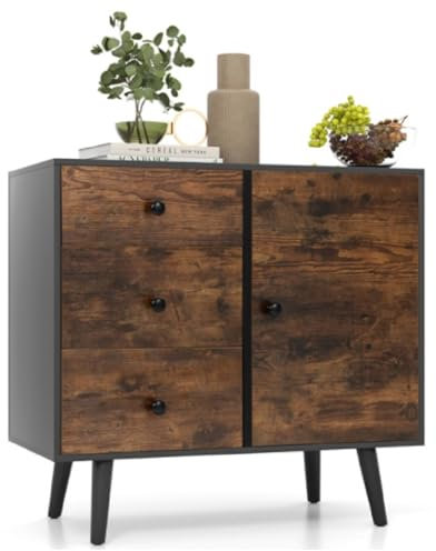 GiantexUK Storage Cabinet, Freestanding Buffet Sideboard with 3 Drawers, Door Cabinet, Adjustable Shelf & Anti-Tipping Device, Industrial Wooden Display Cupboard for Kitchen Dining Living Room Office