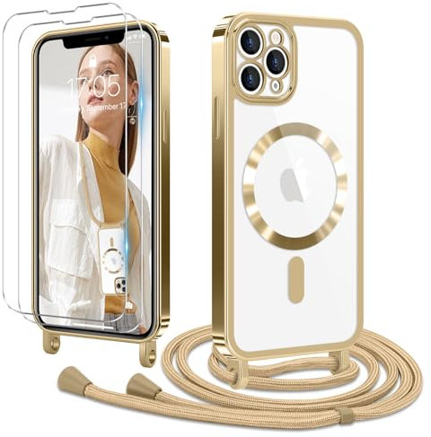 Ethanger Handyband für iPhone 11 Pro Max Hülle mit Band + 2 Stück Glas Schutzfolie Transparent Silikon Handyhülle Magnetische Schutzhülle Case zum Kordel Abnehmbar für iPhone 11 Pro Max Gold