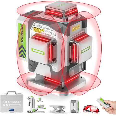 Huepar Pro Nivel láser 4 * 360 Láser autonivelante, Herramienta láser de alta precisión profesional 4D Roja con batería de iones de litio recargable de 8000mAh, Soporte multifuncional y estuche duro