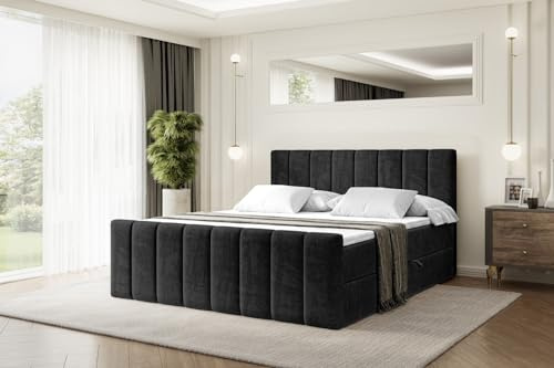 ALTDECOR Boxspringbett mit Matratze und Lattenrost, Boxbett, Topper, Fußteil, Polsterbett mit Bettkasten, Bett mit Stauraum H4-Matratze, Doppelbett, Springboxbett - OTTA-Z - 200x200 - Schwarz Samt