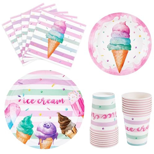 WERNNSAI Summer Ice Cream Party Supplies Set for Girls Birthday Baby Shower Party Tableware Set with 64 Disposable Plates Cups Napkins for 16 Guests