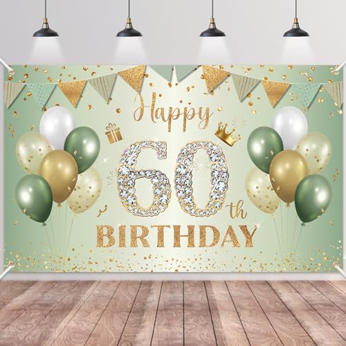60.Geburtstag Banner Grün Gold,BTZO 60.Geburtstagsbanner,Deko 60 Geburtstag Dekoration Banner Hintergrund für 60 Frauen und Männer Geburtstagsfeier Deko
