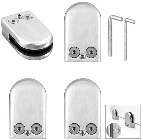 4 Stück Edelstahl Klemmhalter Glasclip, Glashalter Edelstahl, Glashalter Anschluss Flach, Mit Gummischicht und Feinjustierschrauben, Für Glasdicke 6mm-8mm, für Handläufe, Balustrade