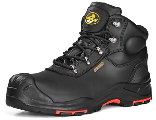 SAFETOE Botas de seguridad para hombre, botas de trabajo con puntera compuesta, ligeras, de piel de vaca, a prueba de pinchazos, botas de trabajo de ajuste ancho, Negro oscuro【Puntera compuesta】, 9