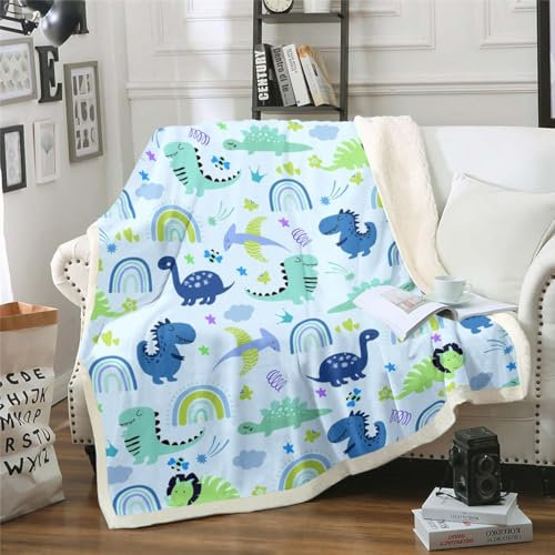 Feelyou Sherpa-Decke für Jungen, Dinosaurier, Kleinkind, Mädchen, blau-grün, Dinosaurier, Fleece, Überwurf, niedlicher Cartoon-Dino-Regenbogen, flauschige Decke für Sofa, Bett, Couch,