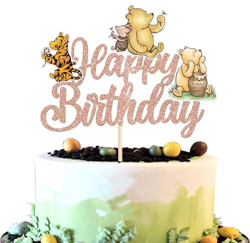 1 Stück Winnie Tortendeko Glitzer Happy Birthday Winnie Bär Kuchen Deko Klassiker Geburtstag Cake Topper für Baby Dusche Braut Dusche Kinder Geburtstags Party Kuchen Dekoration Rosegold